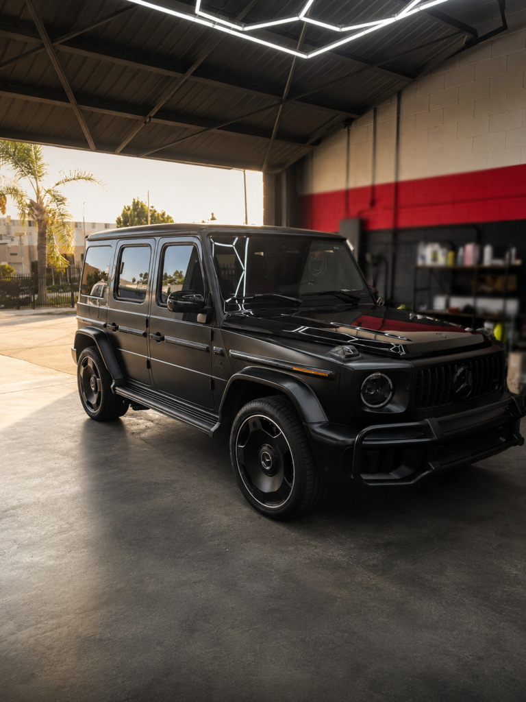 Black Mercedes-AMG G63 parked inside an indoor vehicle workshop bay